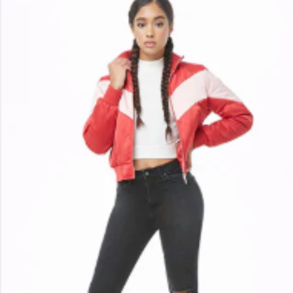 Forever 21 Chevron-Striped Padded Bomber Jacket -Red/Pink